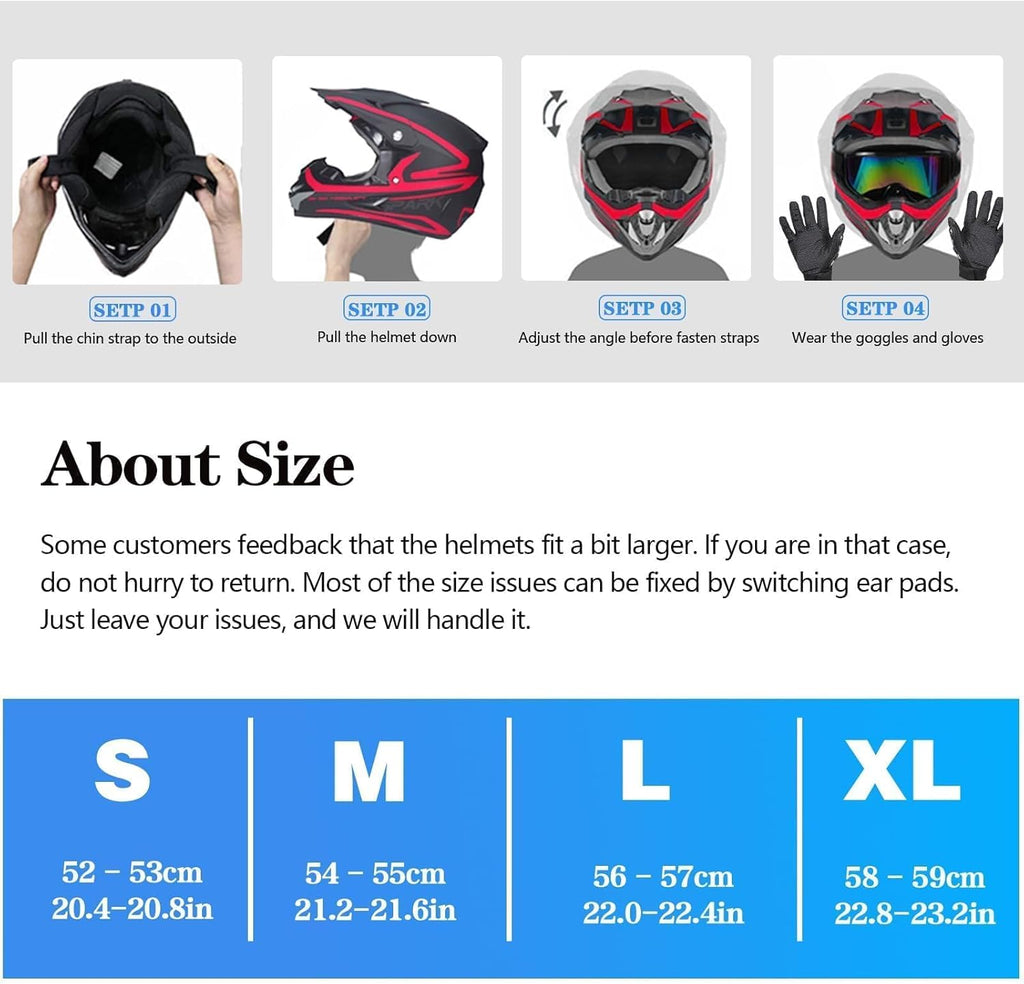 DOT Approved Youth Kids Motocross Helmet - Ultra-Lightweight Full Face Dirt Bike/Atv Helmet with Goggles, Gloves & Face Shield (4-Piece Set)