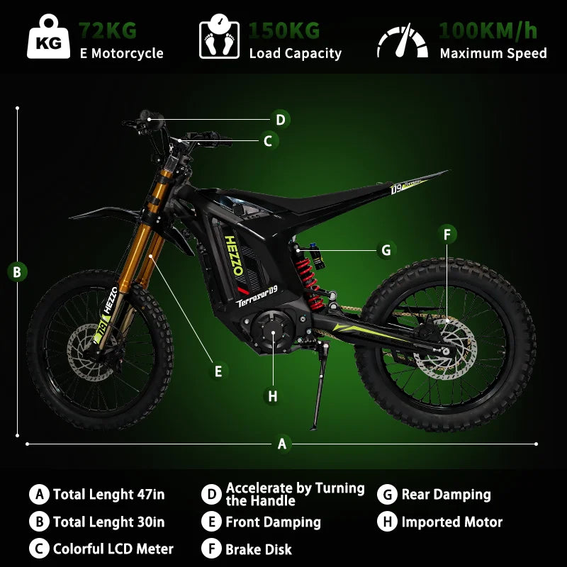 HEZZO 72V Electric Motorcycle 20000w Lithium Middrive Electric Dirt Bike 45Ah Powerful Bike Electric Motorcycle Factory Stock