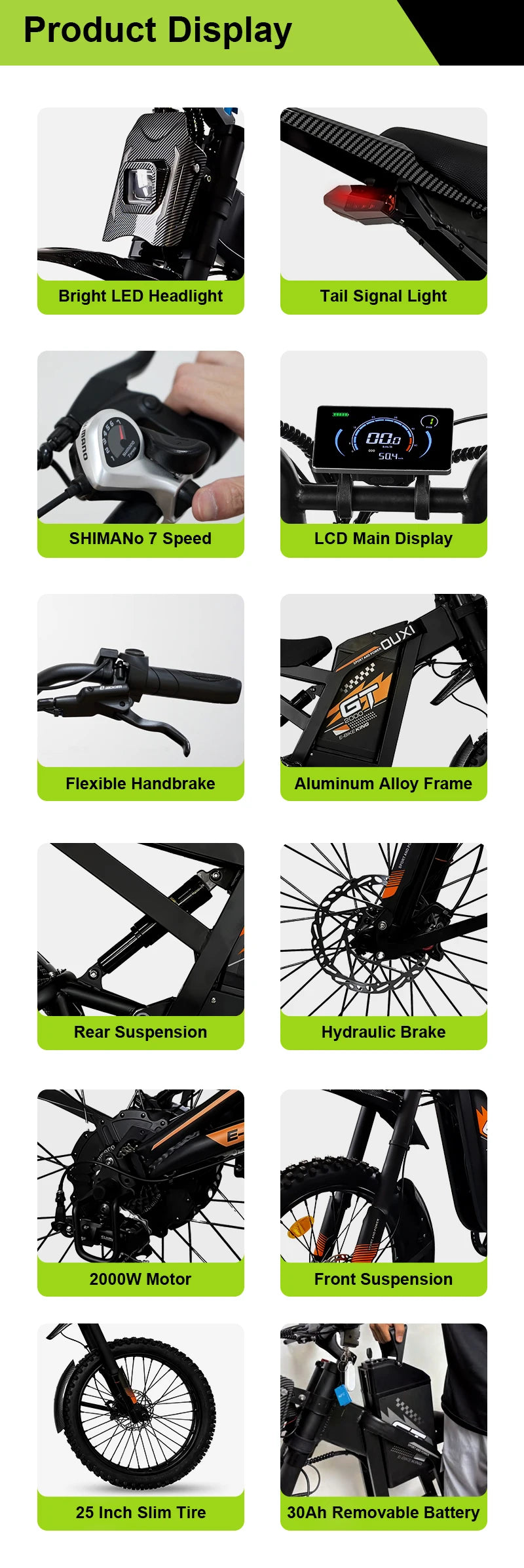 EU OUXI Offroad Tire Electric Bike Adults 60V Full Suspension Hybrid Mountain E Bike Customizable Lithium Battery Bike GT2000