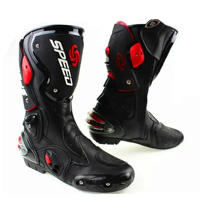 Black and red speed motorcycle boots with a glossy leather finish and reinforced protective panels.