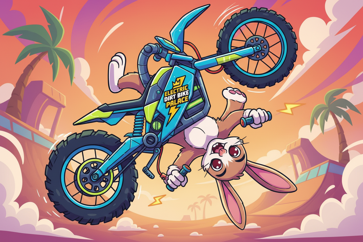 cartoon of a upside down rabbit on a electric dirtbike with the logo electric dirt bike palace