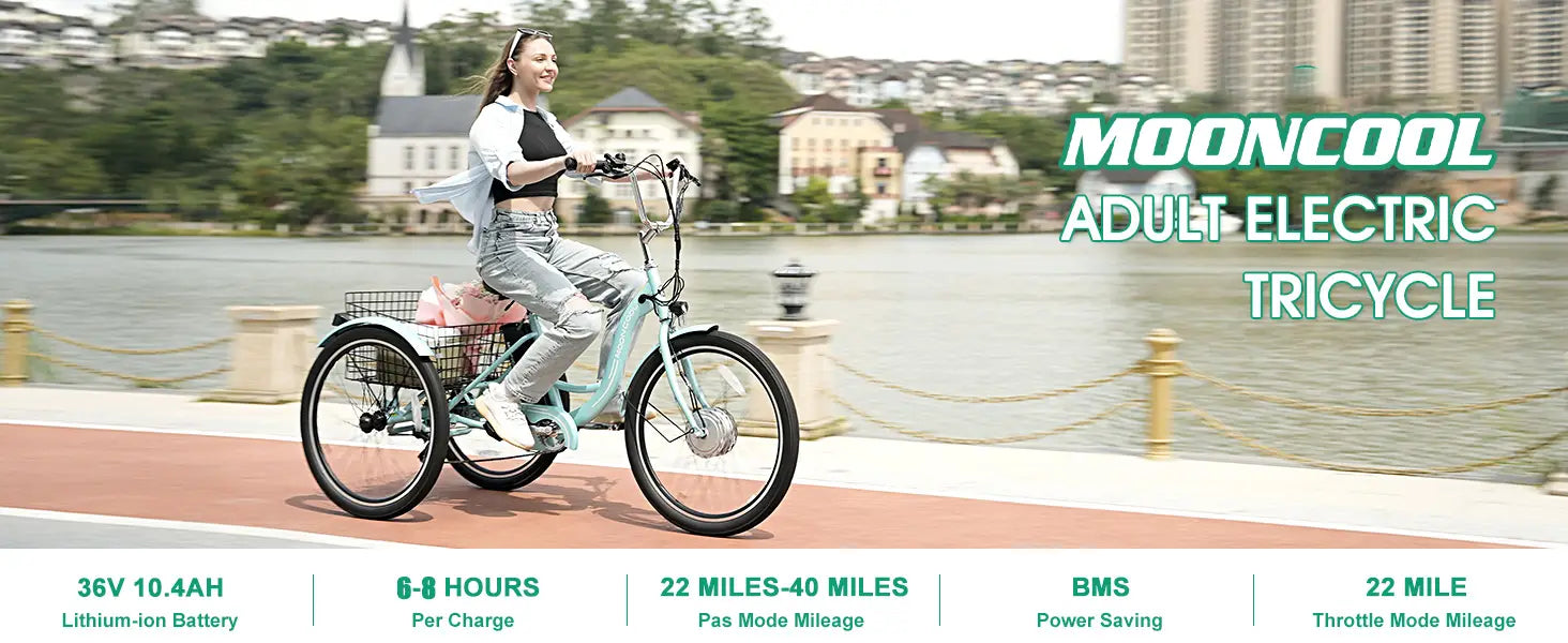 MOONCOOL Electric Tricycle for Adults 24’’ Electric Trike 350W 36V 40Miles Range