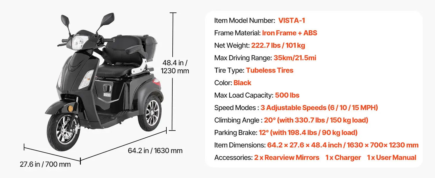 Uimoso Heavy-Duty 3-Wheel Mobility Scooter 21.5-Mile Range 3-Speed 500lbs Load