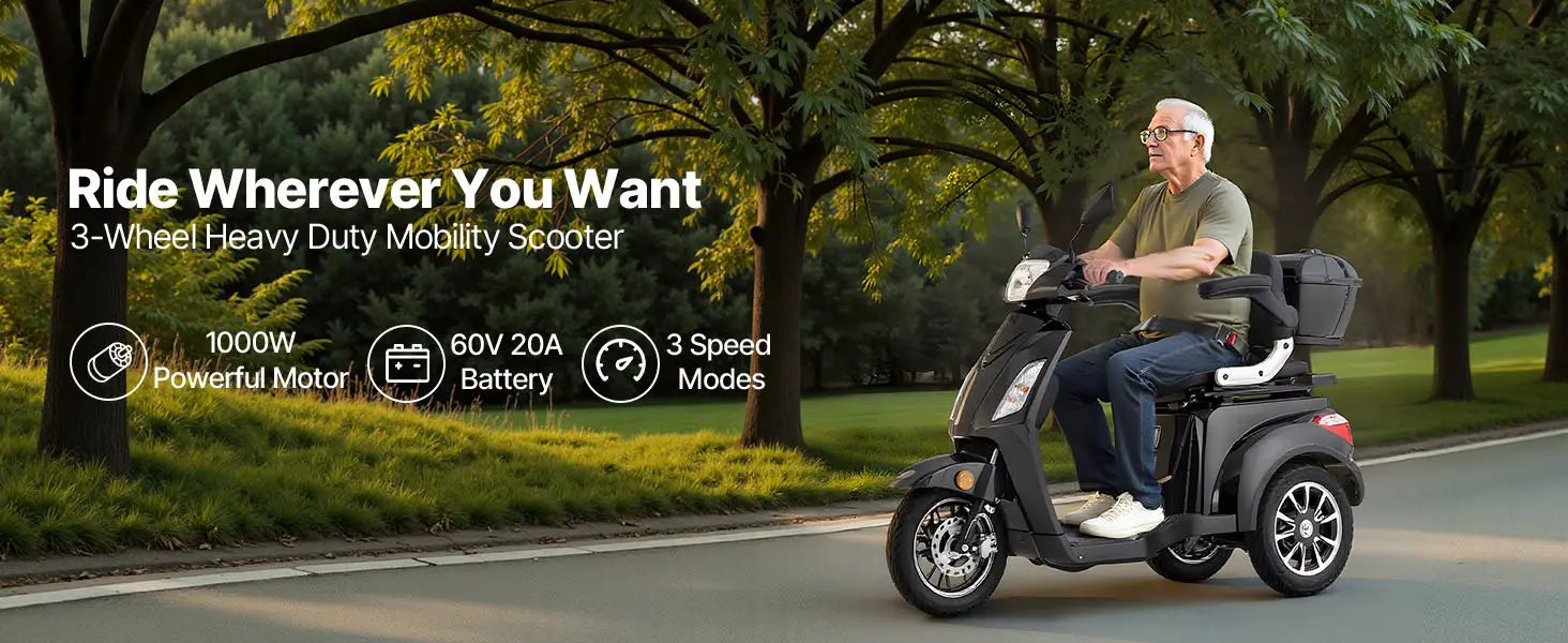 Uimoso Heavy-Duty 3-Wheel Mobility Scooter 21.5-Mile Range 3-Speed 500lbs Load